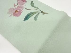 縮緬地金彩手描き花葉模様開き名古屋帯（額縁仕立て）